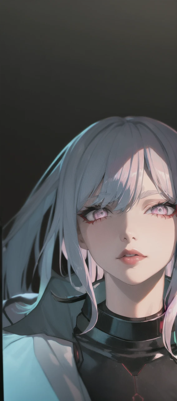 lucy \(cyberpunk\), 1girl, hair scrunchie, hime cut, silver hair, colored tips, full moon, grey eyes, jacket, long sleeves, looking at viewer, medium hair, multicolored hair, parted bangs, parted lips, pink hair, portrait, red eyeliner, red lips, solo, white jacket, cyberpunk \(series\), rainy night in a cyberpunk city with glowing neon lights