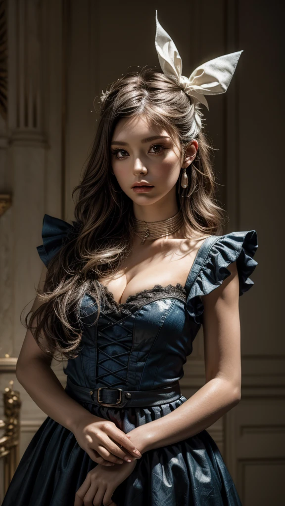 One girl, masterpiece, Highest quality, 8K, Detailed skin texture, Detailed cloth texture, Beautifully detailed face, Intricate details, Super detailed, Alice in Wonderland, (A ribbon on her head:1.1), Upper Body