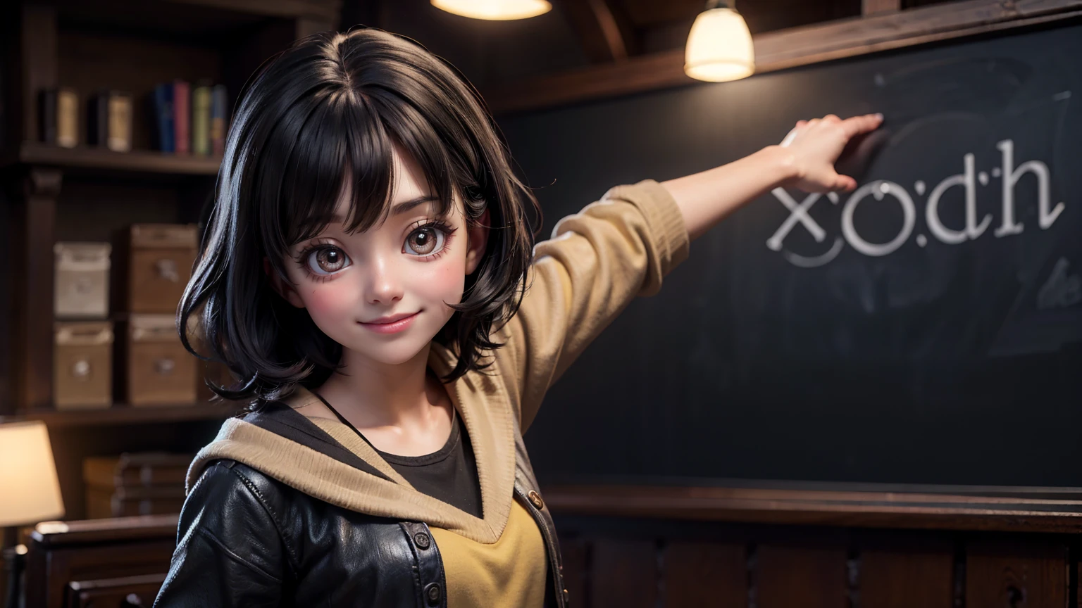 cute smiley bright face girl, bright lighting face, black hair, side standing pose in harry potter classroom,