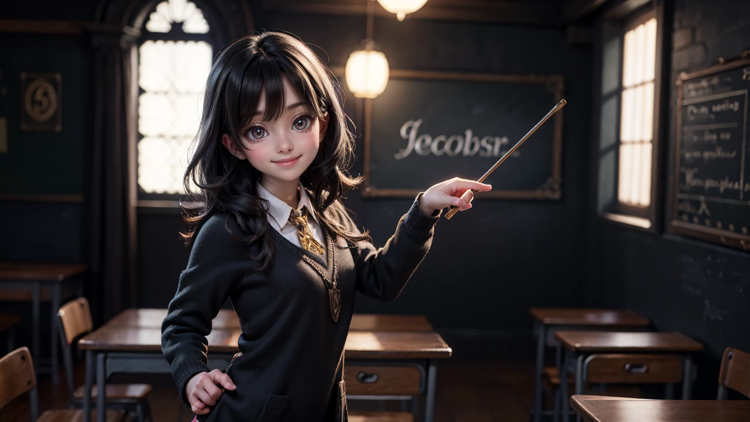 cute smiley bright face girl, bright lighting face, black hair,  side standing pose in harry potter classroom,