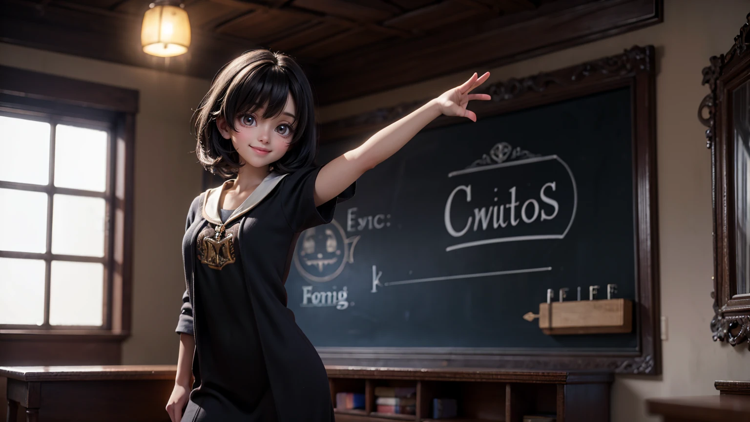 cute smiley bright face girl, bright lighting face, black hair, side standing pose in harry potter classroom,