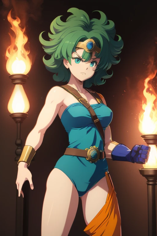 anime artwork anime artwork masterpiece,best quality, unreal engine, ultra res, extremely detailed
ROUND BREASTS, medium BREASTS
1girl, waist, slender,(muscular:0.9)
HEROINE,
CIRCLET, CURLY HAIR, GREEN HAIR, SHORT HAIR, ASYMMETRICAL CLOTHES, LEOTARD, BELT, SINGLE GLOVE, SINGLE SLEEVE, SINGLE THIGHHIGH
cave, holding sword, . anime style, key visual, vibrant, studio anime, highly detailed.be enveloped in flames.fall on one's knees.Leotard is worn out.She can barely stand and supports herself with a sword.be on the verge of death.There are scratches all over my body.have a broken sword.get a punch in the stomach.be under the spell of fire.