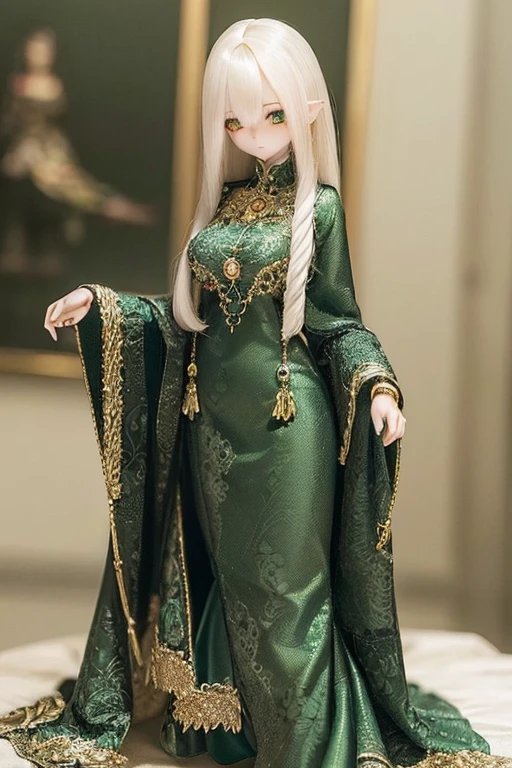 photorealistic, realistic photo, ((highest quality)), ((masterpiece)), (extremely detailed), kukolnydom, doll, (mature woman:1.7), solo, full body, dynamic pose, green eyes, (looking at another, blank eyes, empty eyes, detailed eyes:1.3), light smile, dress, museum, 8k