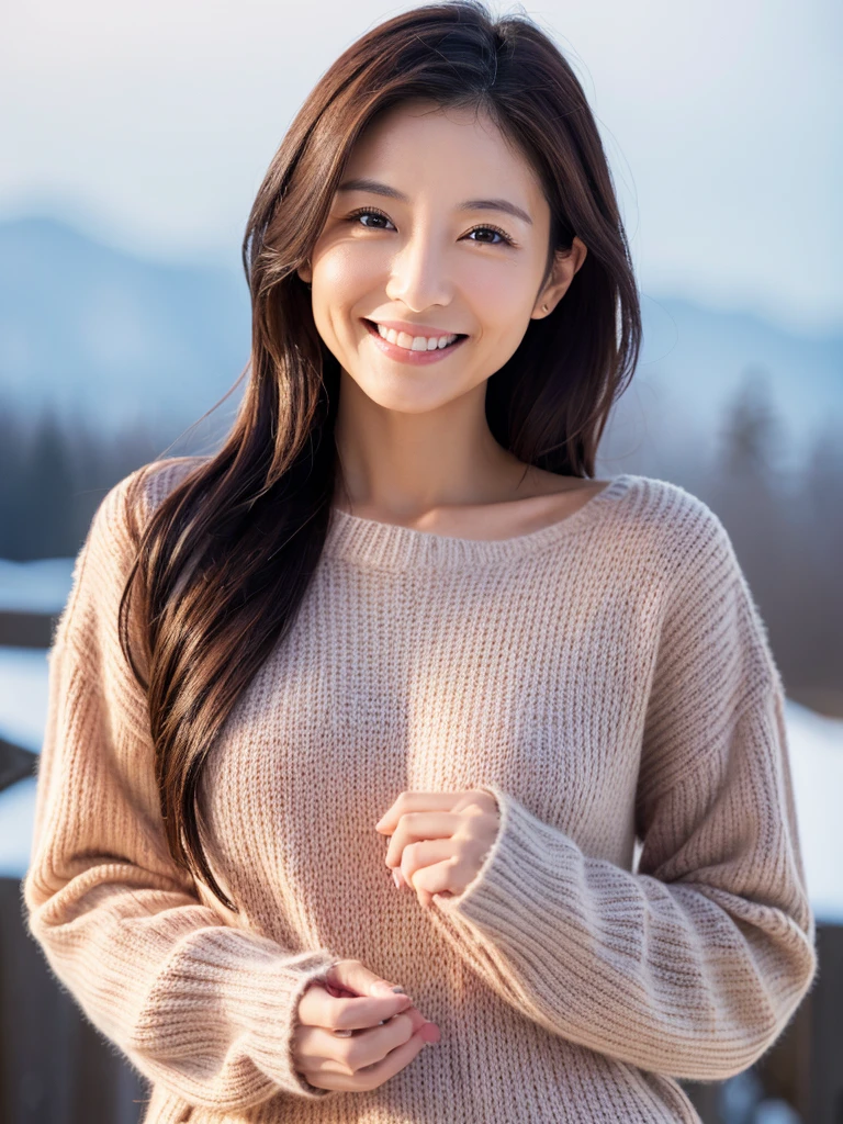 (Ultra-fine images、High Reality、high resolution、high quality)、japanese woman、30age、Slender、small breasts、very thin waist、long hair、beautiful face、smile、sweater、winter、It's snowing、Streets of Kyoto、Depth of bounds written、Photo above the waist