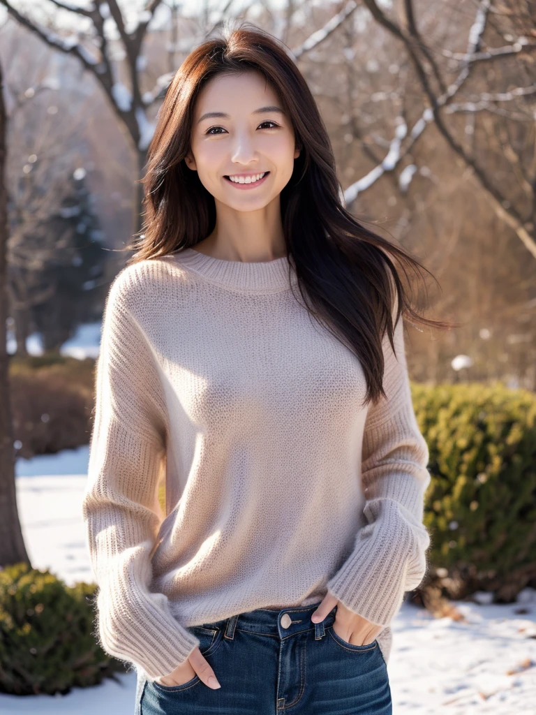 (Ultra-fine images、High Reality、high resolution、high quality)、japanese woman、３０age、Slender、small breasts、very thin waist、long hair、beautiful face、smile、sweater、winter、It&#39;s snowing、Streets of Kyoto、Depth of bounds written、Photo above the waist