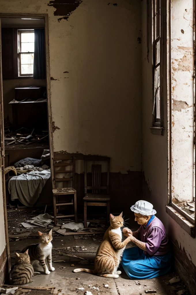 An old grandmother was feeding a beloved cat in a corner of a rather dilapidated house