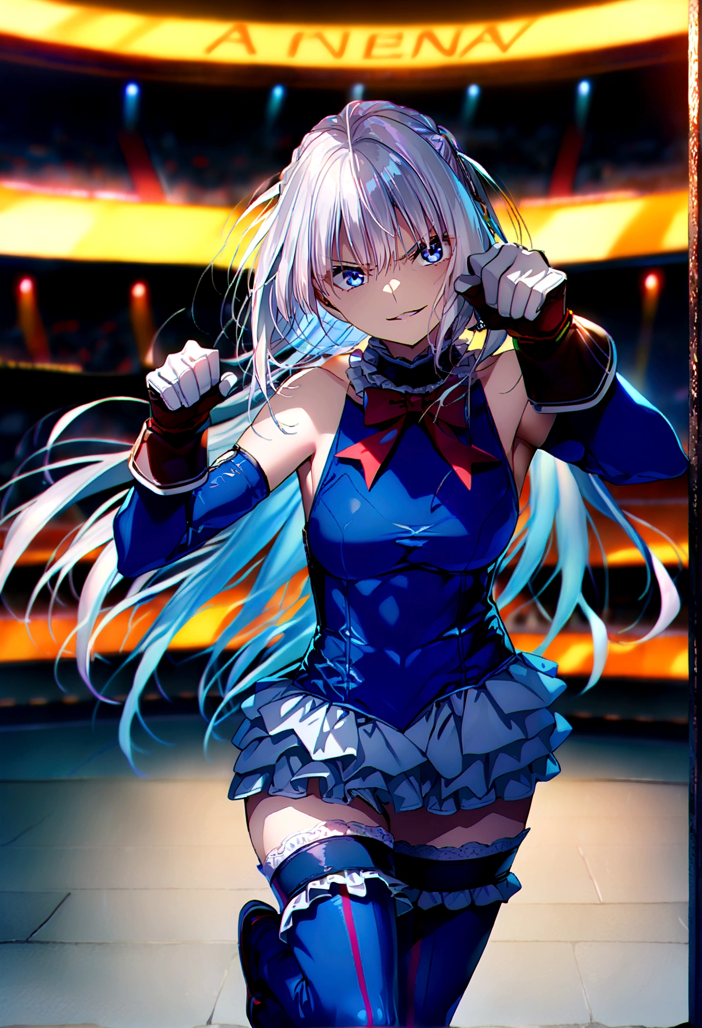 12k, ultra hi resolution picture, 1girl, full body,dark aura,evil smile, masterpiece, best quality, very aesthetic, absurdres, anime artwork, anime style, key visual, vibrant, Studio Anime, highly detailed,1girl,(Silver Hair:1.4),Very long hair,(Arena:1.4), frilled choker, red bowtie, blue one-piece swimsuit, frilled swimsuit, blue sleeves, detached sleeves, gloves, blue thighhighs, frilled thighhighs,fight pose, 