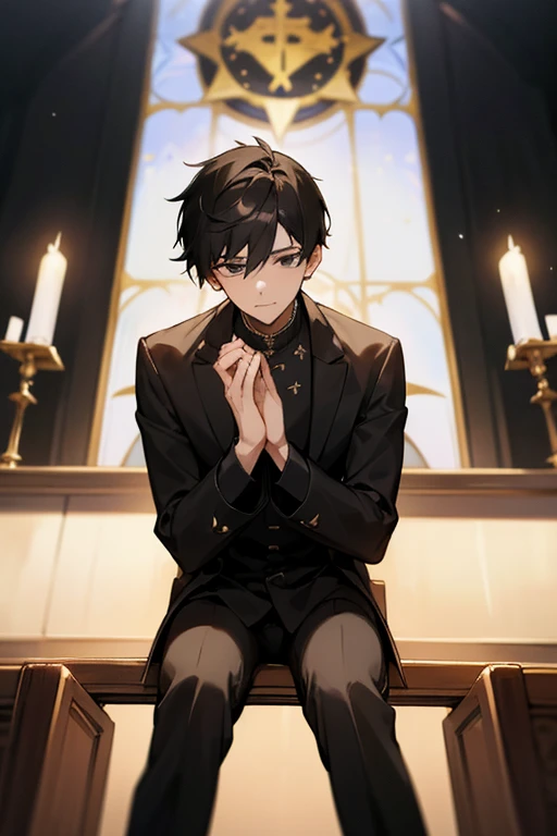 Handsome young man, handsome, short black hair, black eyes, tall, large, wearing a black long-sleeved shirt. black pants Cross ornament, Christian church, sitting and praying