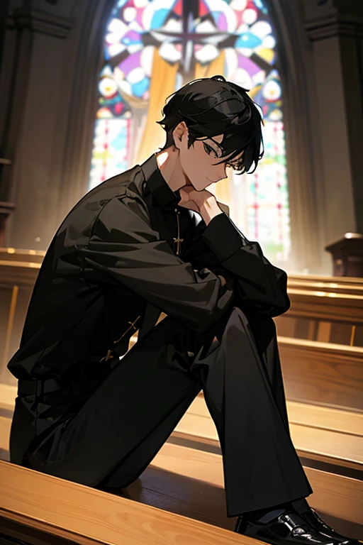 Handsome young man, handsome, short black hair, black eyes, tall, large, wearing a black long-sleeved shirt. black pants Cross ornament, Christian church, sitting and praying