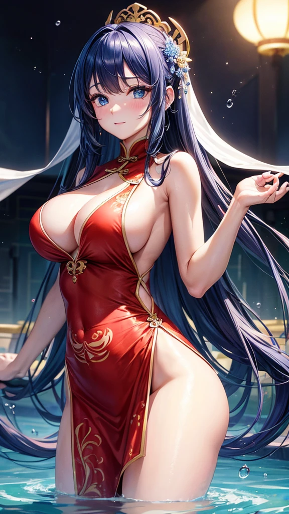 She is touching her clit in her Chinese dress、8K、、Highest quality、Tabletop、Ultra HD、Ultra-detailed、so beautiful、Ultra-detailed髪質、so beautiful、Portrait、Esbian all over、Captivating look、Beautiful woman、Long Blue Hair、blue eyes、Glowing Skin、bursting breasts、Very large breasts、Very big ass、Water droplets running down the skin、The background is a great night pool、naked、Excessive pubic hair growth、Two arms、Two Legs