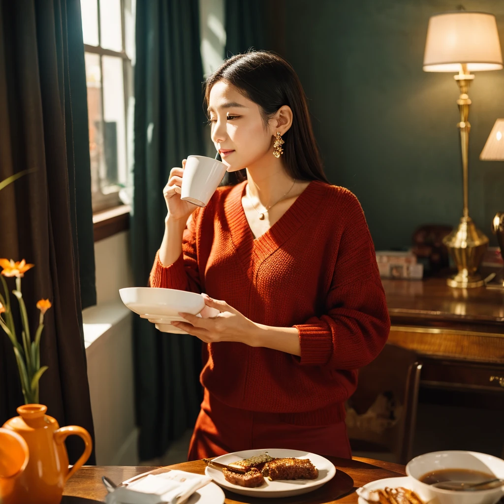 Woman having a cup of coffee in a very elegant place maintaining colors like red, Orange, gray and gold. Please put the LUVOCO brand.the 