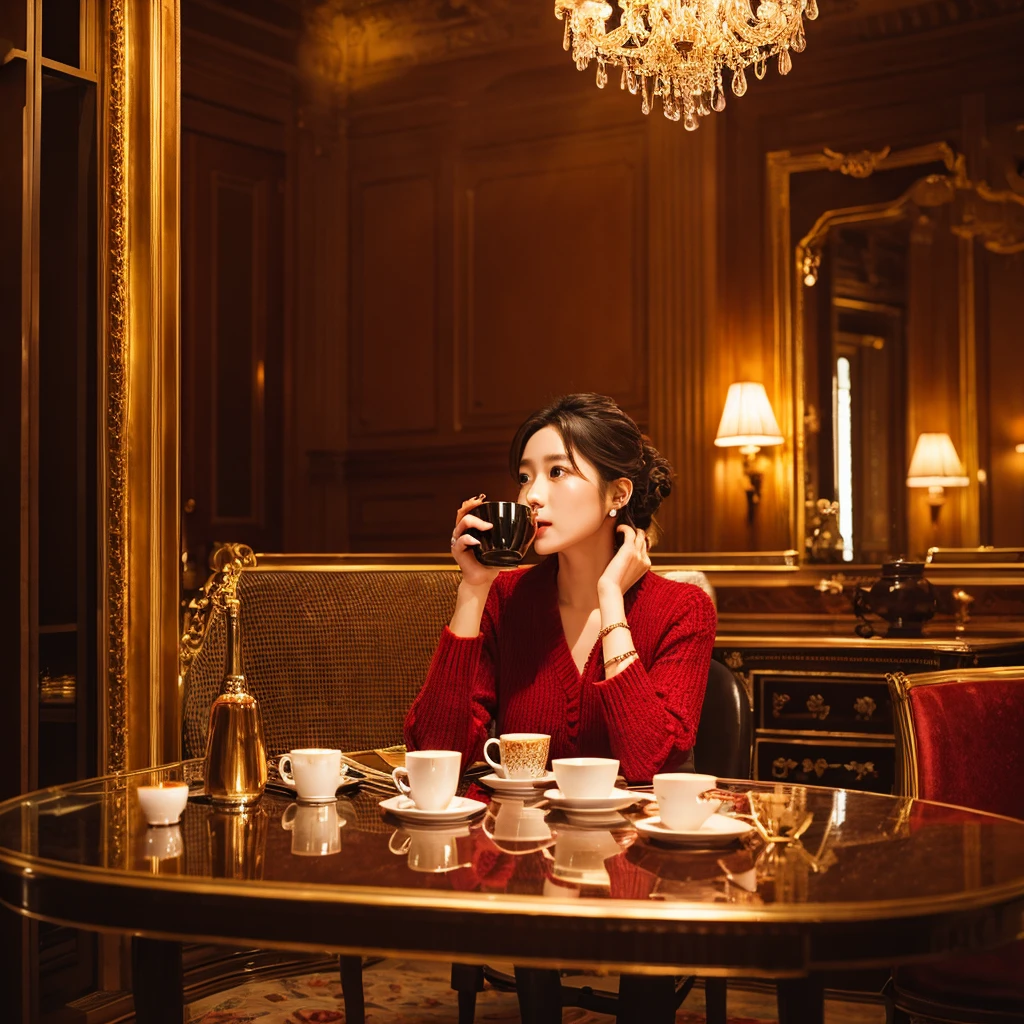 Woman having a cup of coffee in a very elegant place maintaining colors like red, Orange, gray and gold. Please put the LUVOCO brand.the 