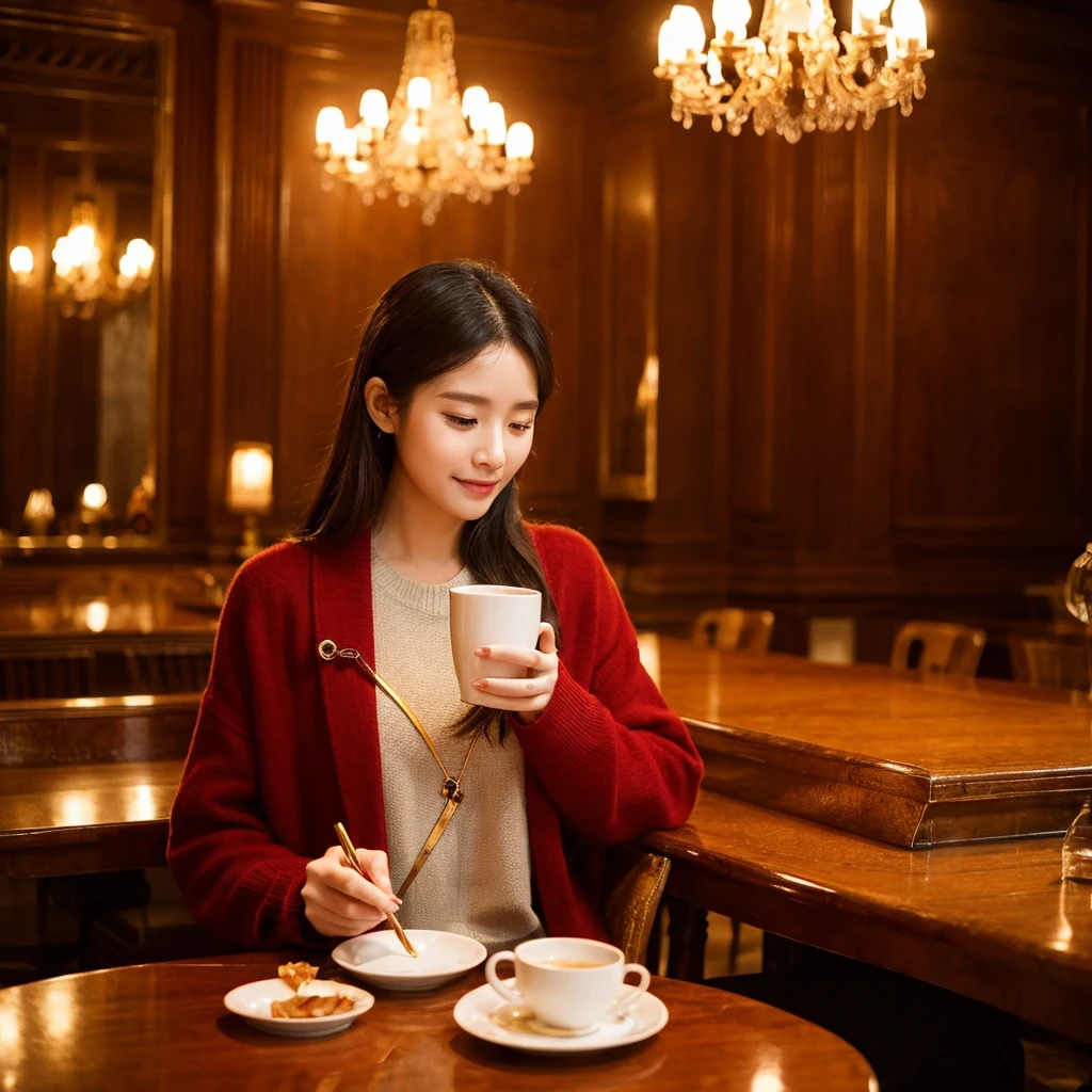 Woman having a cup of coffee in a very elegant place maintaining colors like red, Orange, gray and gold. Please put the LUVOCO brand.the 