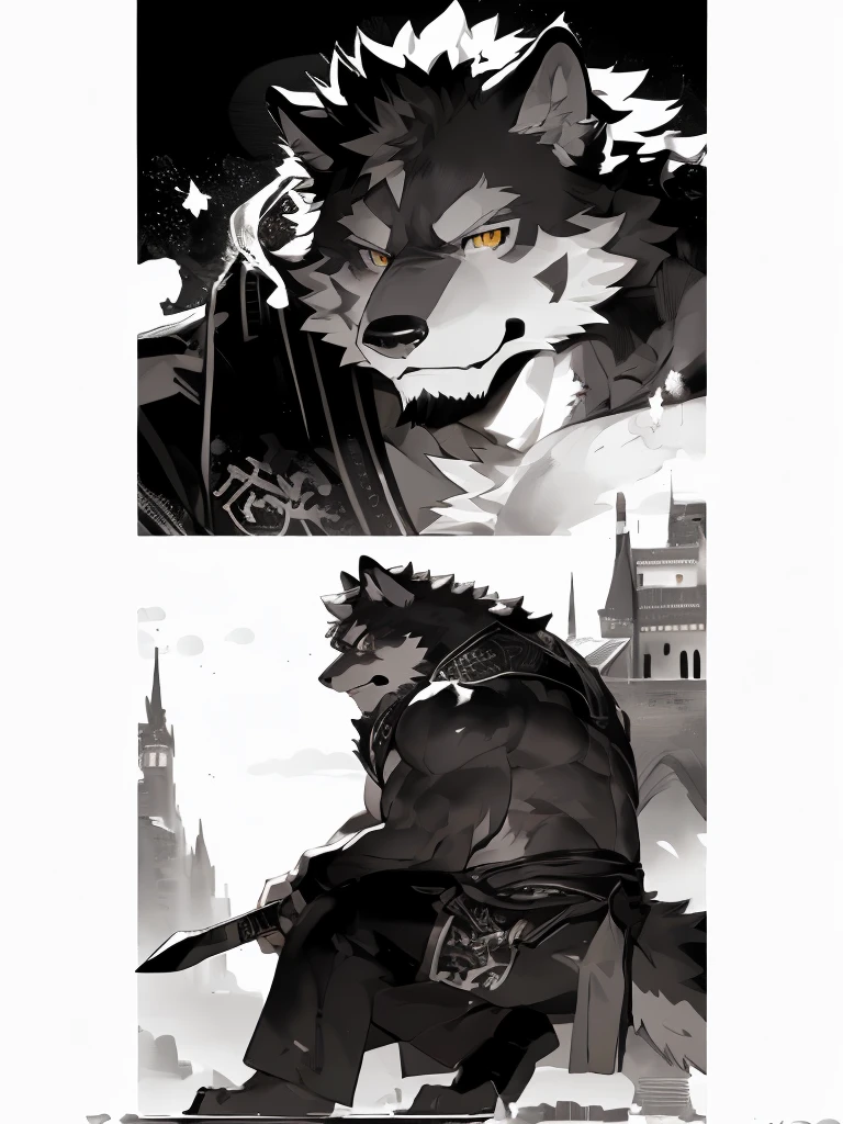 (dark skin的Wolf),(Black and white yin and yang General battle robe),(Holding a long sword),Strong stance,Half squat,(背景是一个黑雾缭绕的Castle:1.2),(abdominal muscles),Sly laughter,A perfect masterpiece,Various facial details,Perspective from a distance,specific description,masterpiece,CG,(Golden Eyes),Black and white pattern,Black Tail,General,Heroic Stance,Wolf,Black fur,Specific facial details,Half Body,(Chang Ling),((middle aged)),(Face Focus),(16K),HD,Black belly,Castle,(Facial lines),Different students,(No shirt),(Black and white hair),(Strong),(muscle),(high resolution:1.3),(站在黑暗Castle里),(close up),(Delicate face:1.5),Perfect details,(Half Body),(Facial details:1.5),(Zoom in on the face:1.5),(white Facial lines:1.2),(black beard:1.3),(white face;1.6),Gray body,(dark skin),(Dark cheeks:1.3),Strike a pose:1.3,