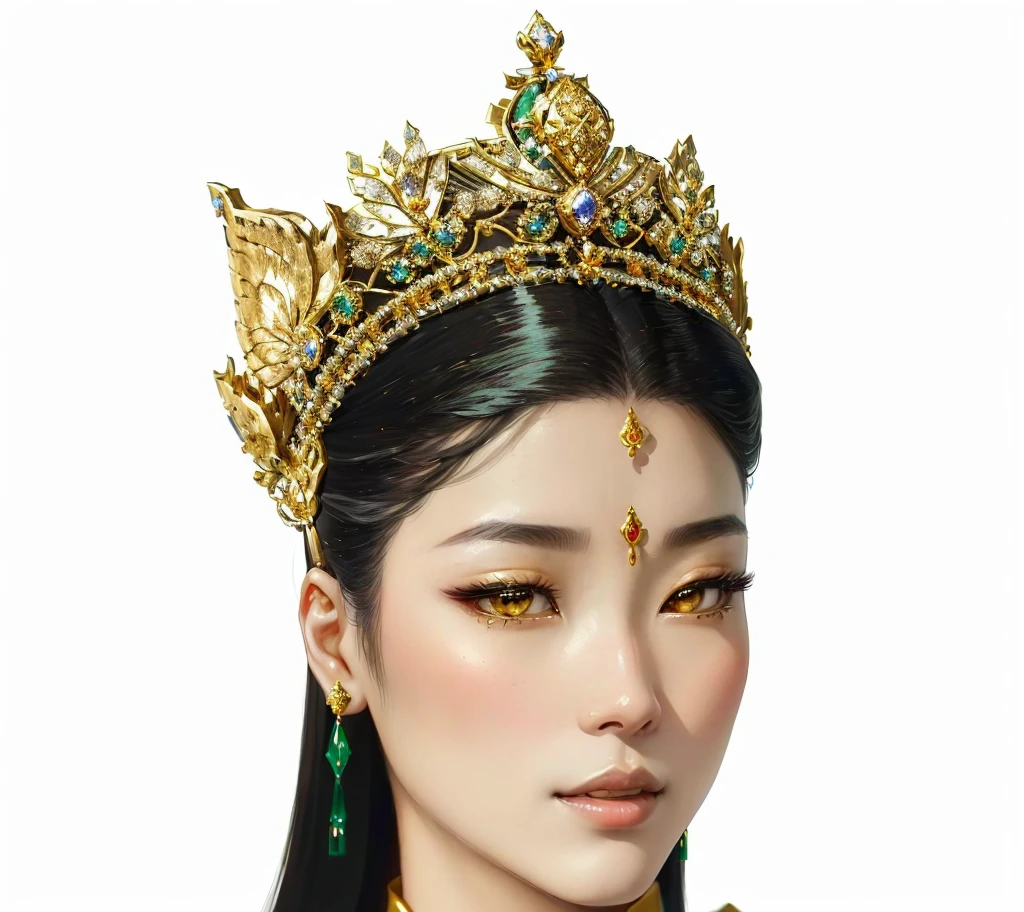 arafed woman wearing a gold crown and emerald earrings, a beautiful fantasy empress, ancient asian dynasty princess, ((a beautiful fantasy empress)), ancient chinese princess, detailed face of a asian girl without shadow, gilded lotus princess, chinese empress, chinese princess, wearing golden crown, beautiful render of tang dynasty, beautiful oriental woman, inspired by Lan Ying, goddess. extremely high detail