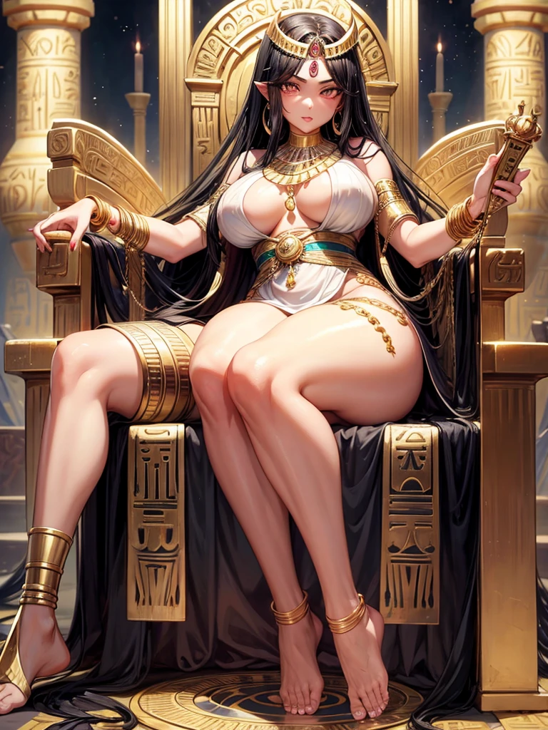 1 woman, black hair, very long hair, golden eyes, beautiful eyes, big eyes, big lips, glossy lips, very curvy body, big breasts, long legs, big butt, wide hips, thick thights, defined image, seductive gaze, ancient Egyptian, ancient Egyptian queen, big gold earring, gold necklace, gold bracelets, white dress, sexy, on an Egyptian throne, bare feet, feet, giantess shot