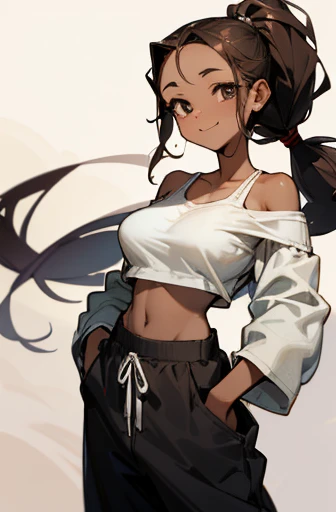 Slender beautiful girl、10th Generation、Dark brown skin、Big Eyes、A smiling face、wink、Dreadlocks tied in two ponytails、Fluffy 、Big round eyes、Forehead、Beautiful clavicle、Large Breasts、White loose soft fabric sports bra、Baggy work trousers、Off-the-shoulder Sukajan