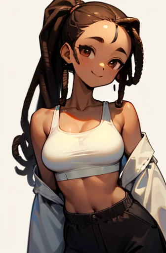 Slender beautiful girl、10th Generation、Dark brown skin、Big Eyes、A smiling face、wink、Dreadlocks tied in two ponytails、Fluffy 、Big round eyes、Forehead、Beautiful clavicle、Large Breasts、White loose soft fabric sports bra、Baggy work trousers、Off-the-shoulder Sukajan