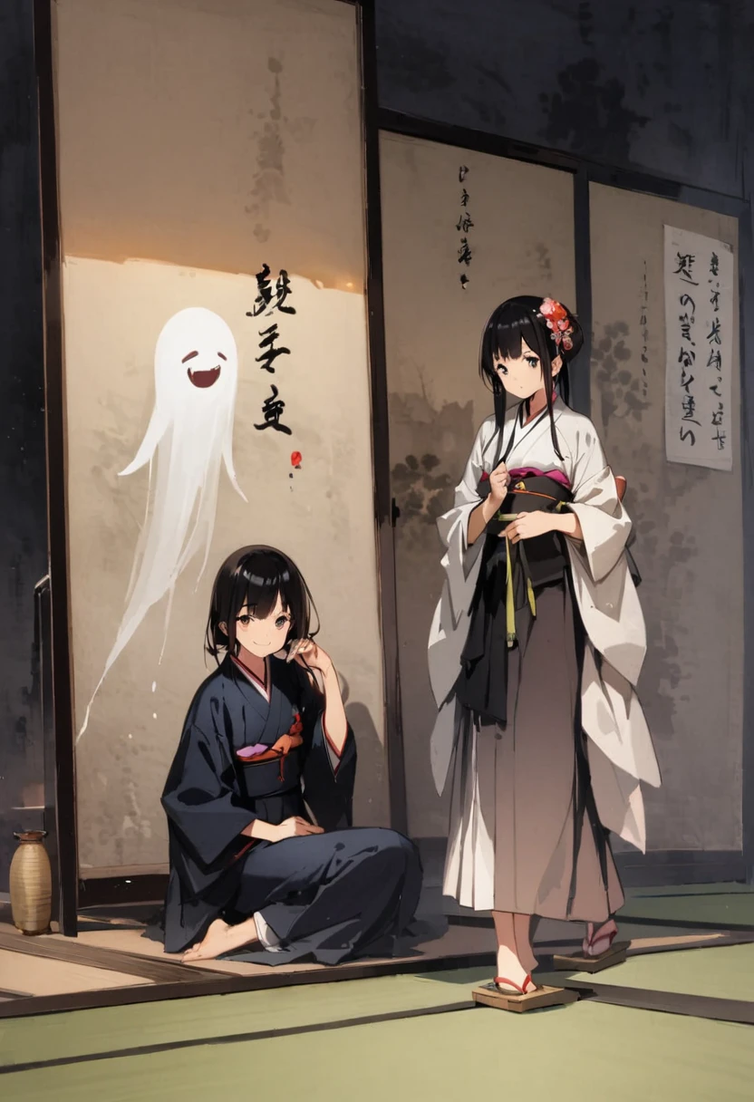 Zashiki-warashi、Apparition、ghost、pillow、Run、Japanese style、Shoji screen、tatami、ghost屋敷、darkness、Late Night、kimono、Bob、Girl、Girl、Younger、Baby Face、flat chest、Black Long Hair、Dynamic Angle、smile、Eyes open、ball、Flower Hair Ornaments、Geta or bare feet