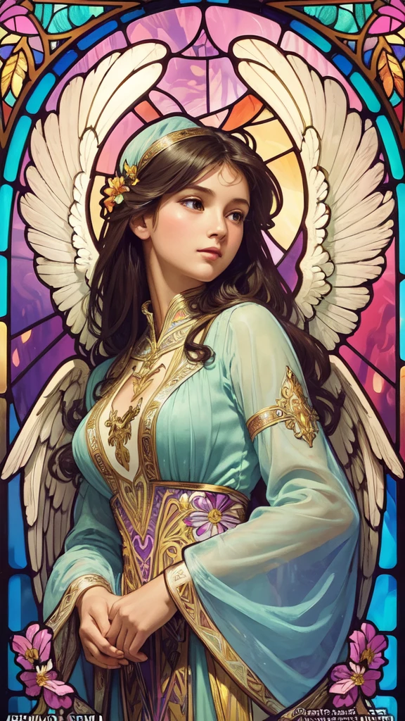 (Highest quality:1.2,Vector art:1.1,Vibrant colors,Stained glass,Beautiful vintage angel woman,Looking Ahead,1girl,Frontal face,front face,front view,A look of determination,(Wide open angel wings:1.1),Facing forward,Look forward,Looking Ahead,Alphonse Mucha style,Complex floral background,Vibrant colors,Warm Tones,Soft lighting)