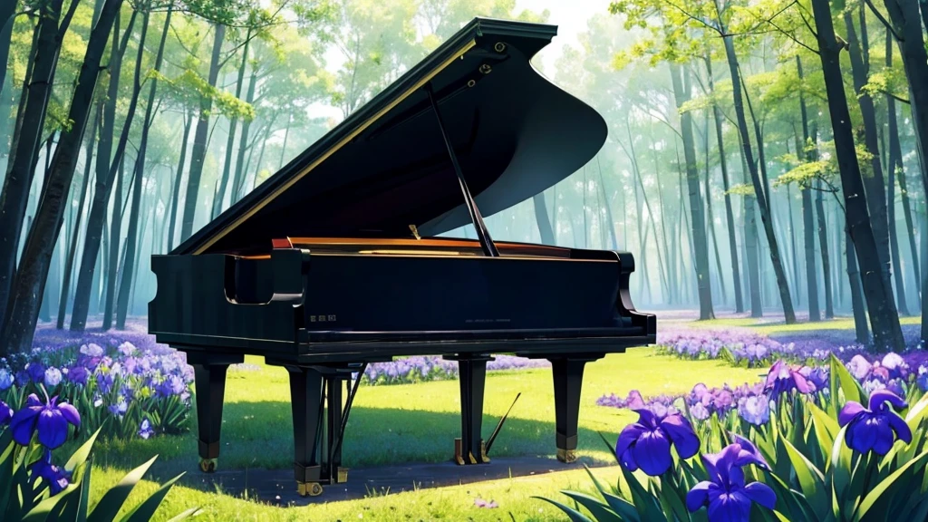 Placed in a forest where irises are in bloom１Grand pianos、White clouds in the sky after the rain、In the empty forest