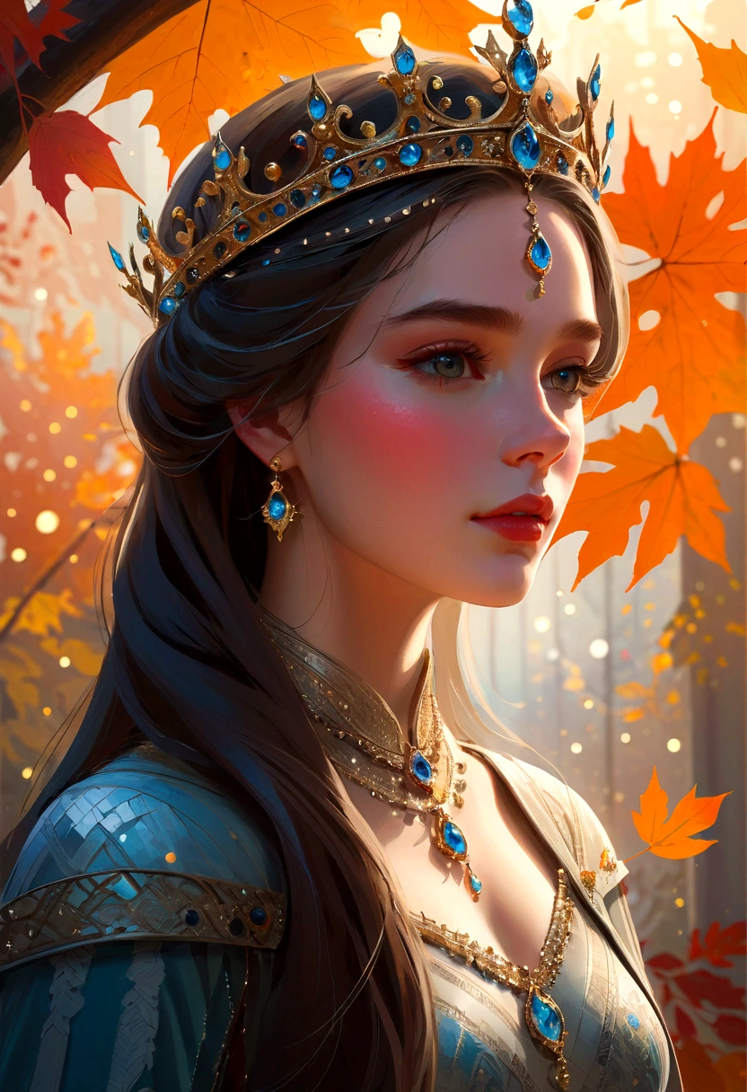 Beautifully painted, high quality, Ultra-detailed CG illustrations，Depicting a young queen with a serene expression, crown, Luminous design, Soft colors, Ink Drops, Autumn Lights, The scenery behind is vast and breathtaking, Lead the audience into a wonderful and exploratory world.