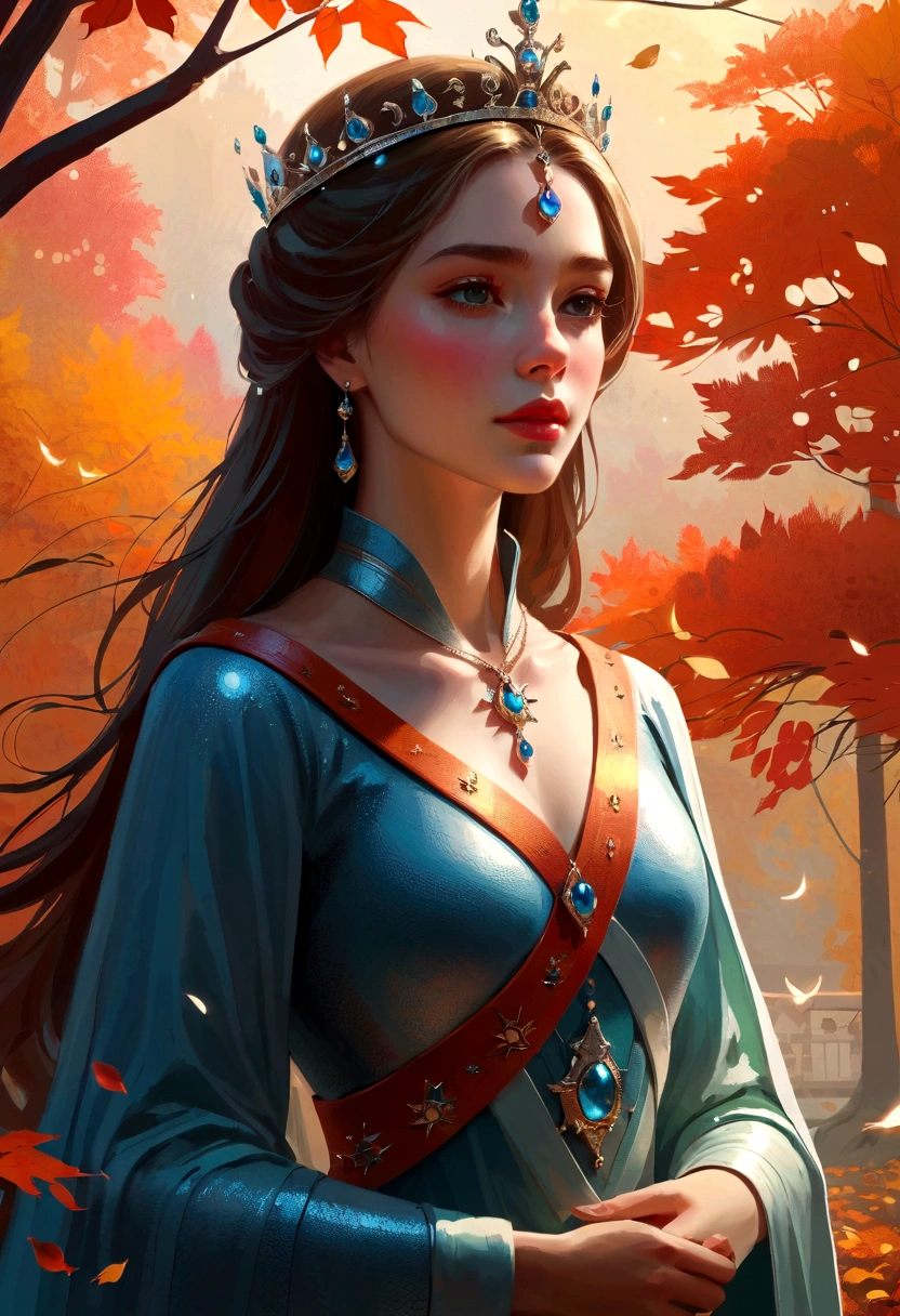 Beautifully painted, high quality, Ultra-detailed CG illustrations，Depicting a young queen with a serene expression, crown, Luminous design, Soft colors, Ink Drops, Autumn Lights, The scenery behind is vast and breathtaking, Lead the audience into a wonderful and exploratory world.