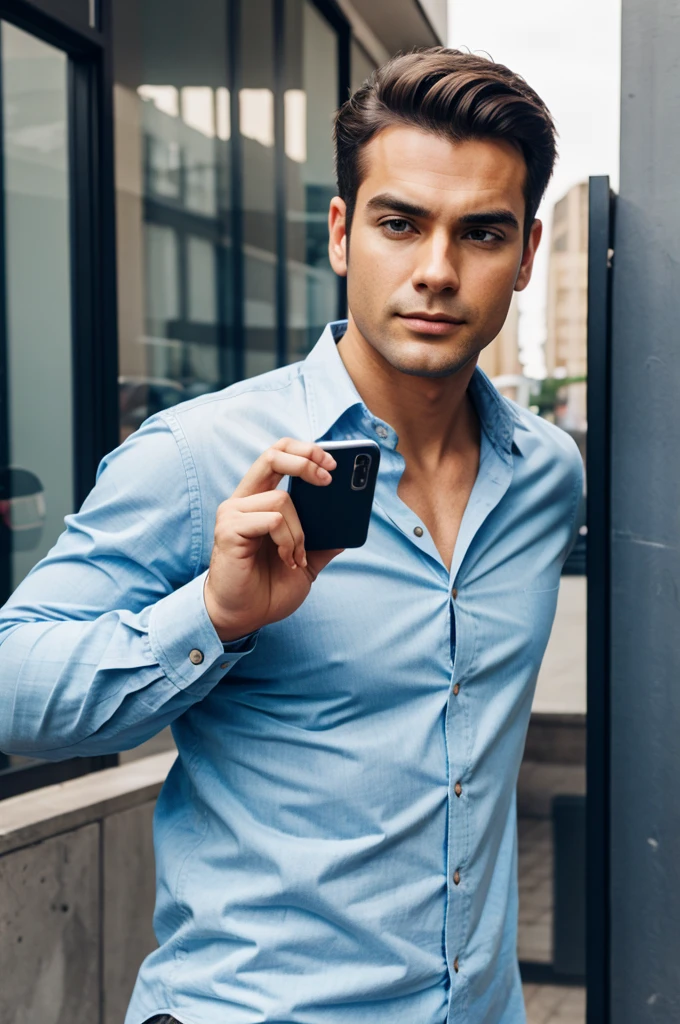 The man hold phone