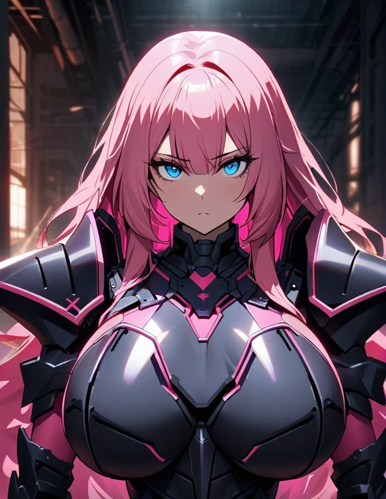 1girl,solo,pink hair color,long hair,light blue eyes,super huge breasts,Wearing black sci-fi armor,Armor adheres closely to body lines,expressionless,Ruthless,close mouth,In a dimly lit warehouse,looking at viewer,I have Sword with pink line
