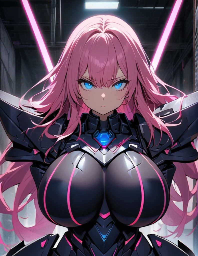 1girl,solo,pink hair color,long hair,light blue eyes,super huge breasts,Wearing black sci-fi armor,Armor adheres closely to body lines,expressionless,Ruthless,close mouth,In a dimly lit warehouse,looking at viewer,I have Sword with pink line