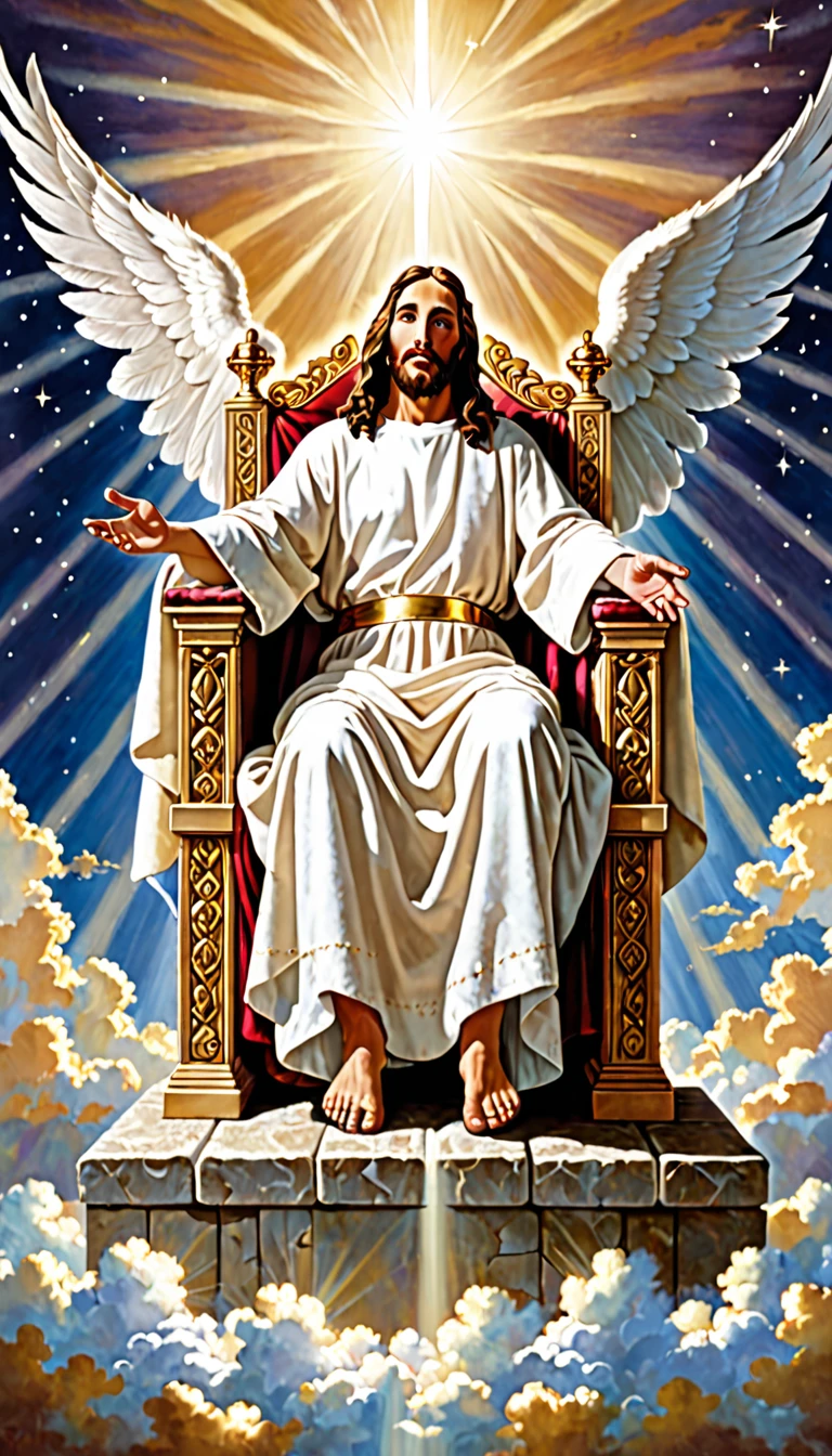 Jesus with open Bible sitting on throne in heaven