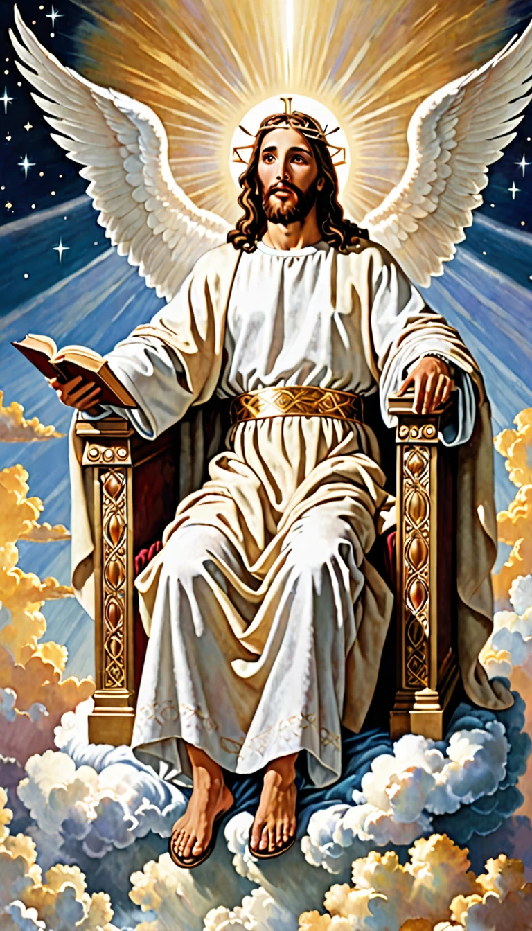 Jesus with open Bible sitting on throne in heaven