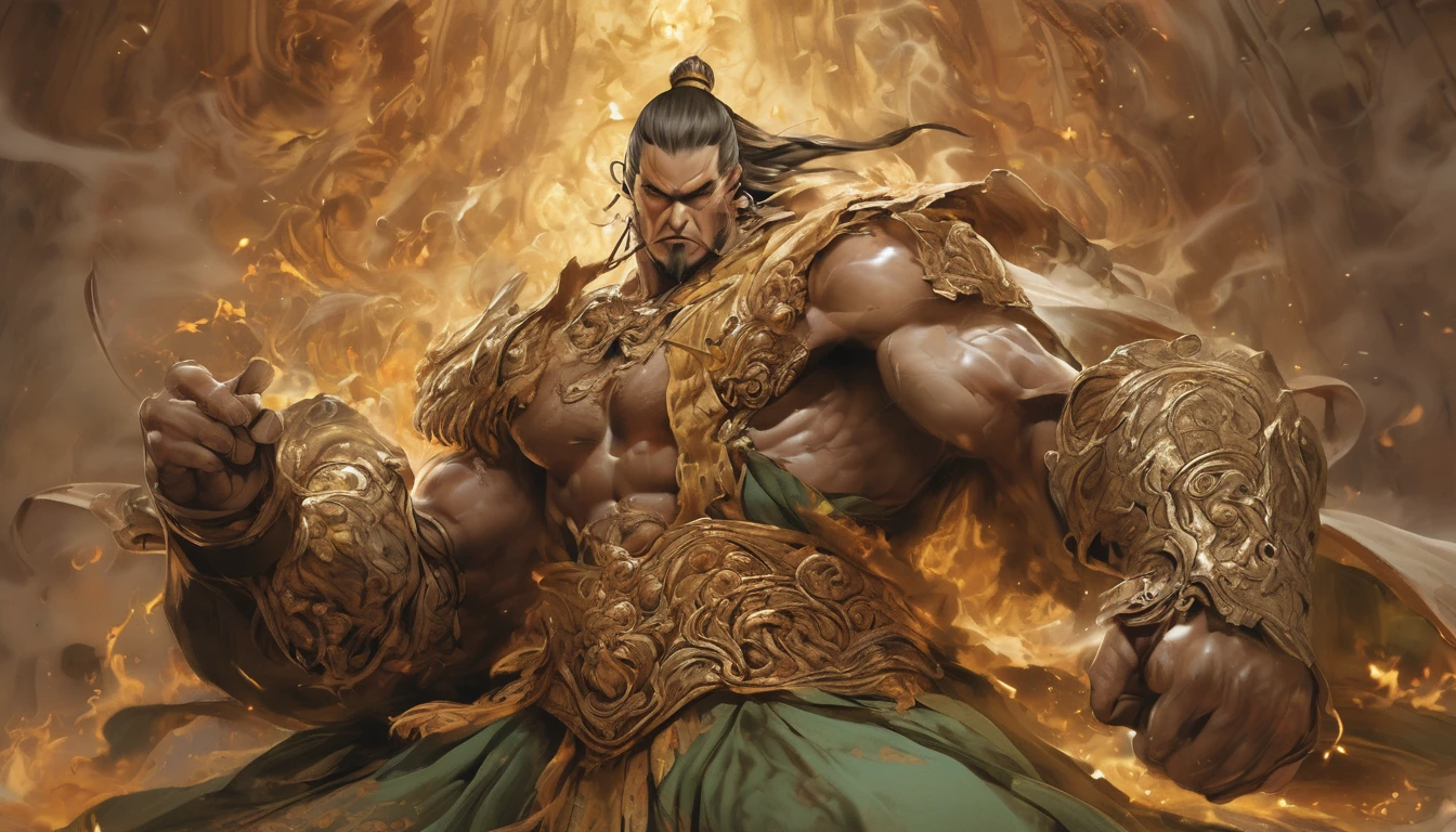 Line art drawing comic a perfect handsome male, Clear Face, Man in his 40s,muscle, Ancient Chinese armor,armor,Topless, Black Hair, Long Beard, whole body, Fine grain, Detailed face,Perfect hand-crafted detail,Big Sword,Background is flames,anger,
cast (unfathomable,Bamboo Flooring,Fire Glass Panel Brownian Motion,Diagonal lines,Zenith angle,Dust storm,Superfluid,ball,oval ,Flowing magic:1.0)| Shogun, (Vibrant,Illuminate,Enthusiast,cycle,Emerald green,Chrome Yellow Arcanum,Dazzling,shine ,liquid crystal,Space dust,Teleport,The Magic of Dashed Lines:1.0) Purification spell, Trace the symbol on the parchment with a quill, Precisely craft a spell, Astral Sparkle, Simple Positive XLv1, Ultra-high resolution, wallpaper, 8K,Richly textured details, Elevation, A magnificent composition, . graphic illustration, Comic art, graphic novel art, Vibrant, Very detailed . Professional, Sophisticated, Modern, Minimalist, graphic, Line art, vector graphics