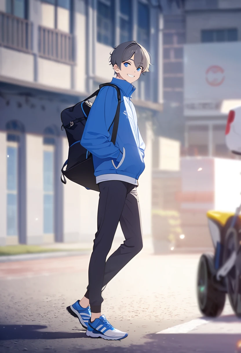 masterpiece,best quality,depth of field,8K,looking at the viewer,running shoes,dark gray hair,blue eyes,man,hands in pockets,smiling,alone,(charismatic 눈 1:1),wseifuku,blue achive,을 입고 있는man,carrying a sports bag on one's shoulder,charismatic