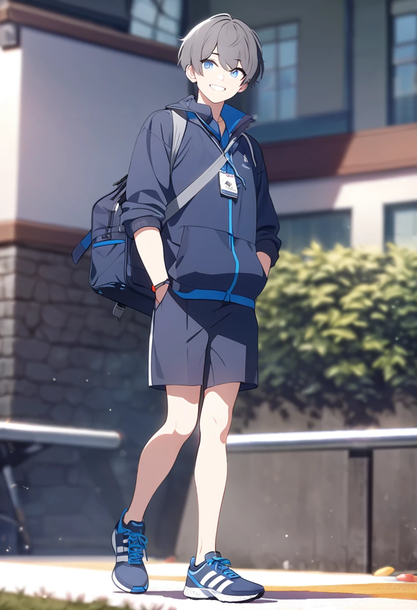 masterpiece,best quality,depth of field,8K,looking at the viewer,running shoes,dark gray hair,blue eyes,man,hands in pockets,smiling,alone,(charismatic 눈 1:1),wseifuku,blue achive,을 입고 있는man,carrying a sports bag on one's shoulder,charismatic