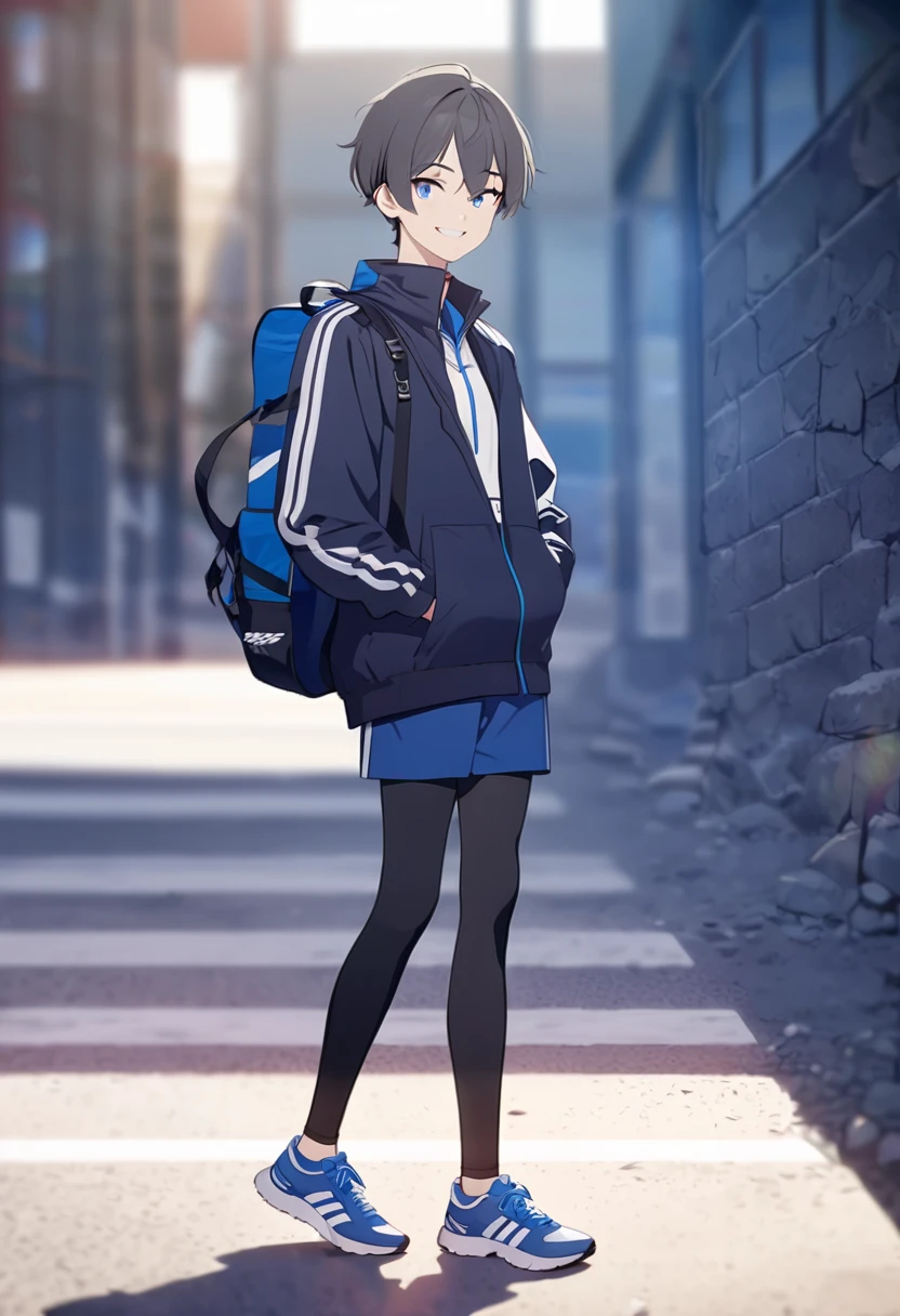 masterpiece,best quality,depth of field,8K,looking at the viewer,running shoes,dark gray hair,blue eyes,man,hands in pockets,smiling,alone,(charismatic 눈 1:1),wseifuku,blue achive,을 입고 있는man,carrying a sports bag on one&#39;s shoulder,charismatic