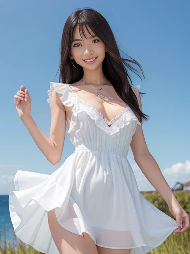 a lot of details, (slender waist), 30 years old, detailed black hair, beautiful detailed hair, super fucking beautiful, delicate beautiful face, complex details beautiful and delicate eyes, perfect hands, (small breasts best quality), perfect and delicate limbs, detailed skin, best quality, ultra-detailed,(cheerful grin:1.5),
high resolution illustration, full body, face towards the sky, Wariza, flowing hair, frilled dress, beautiful detailed sky,