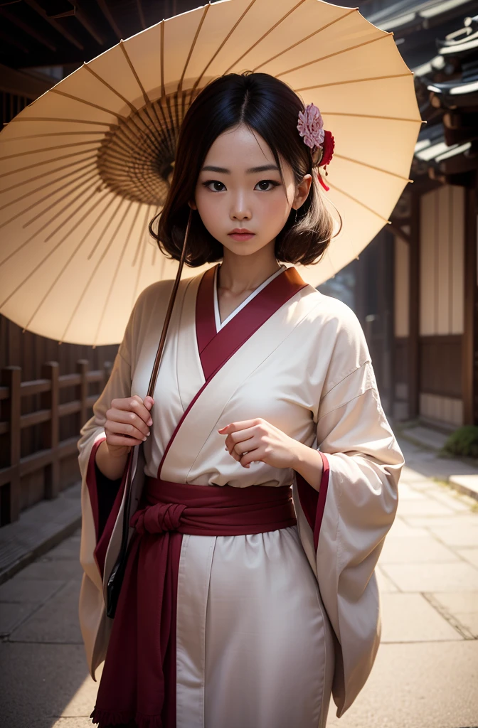 A woman holding a parasol.Japanese tween model girl.Full color photo.The resolution should be 30.4 megapixels, ISO sensitivity: 100, Shutter speed 1/2000 second. The image should be hyper-realistic, highly detailed, and high-resolution 16k.photogenic,