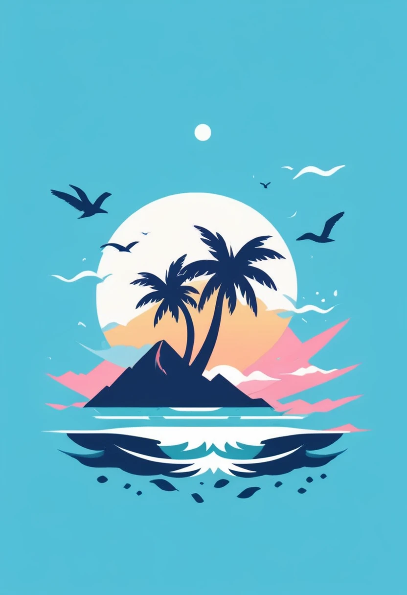 T-shirt design, Impressive sea、Beach、Painting of palm trees, ameticulous, Environmental Art, meticulous, Silhouette Art, 2D Game Art, Background of the logo