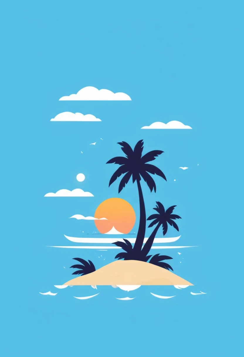 T-shirt design, Impressive sea、Beach、Painting of palm trees, ameticulous, Environmental Art, meticulous, Silhouette Art, 2D Game Art, Background of the logo