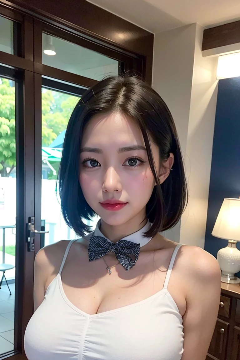 (8k, photo and gross, Best Quality, Masterpiece:1.2), (realist, photo-realist:1.37), ultra detailed,
1 girl,beautiful, Alone,beautiful detailed sky,detailed coffee,evening,session,have a date,(nose blush),(SMILE:1.1),(Closed mouth),big breasts, seductive SMILE, great separation, Professional lighting, Sony A7R4, Zessie 50mm F1.8,,cross your arms behind your head:1.5,mole under the eye:1.2 medium breasts,Beautiful detailed eyes,(sexy white dress:1.1), bow tie,pleated skirt,(short hair:1.2),by the floating
