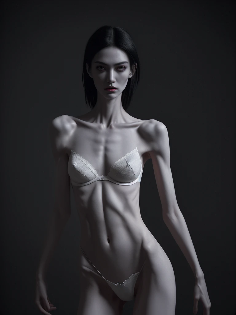 a woman with an extremely thin, emaciated body, visible bones, very slender figure, pale white skin, wearing only panties and a bra, full body tattoo, full body shot, having a mental breakdown, (best quality,4k,8k,highres,masterpiece:1.2),ultra-detailed,(realistic,photorealistic,photo-realistic:1.37),extremely detailed eyes and face,longeyelashes,dramatic lighting,dark moody colors,high contrast,cinematic