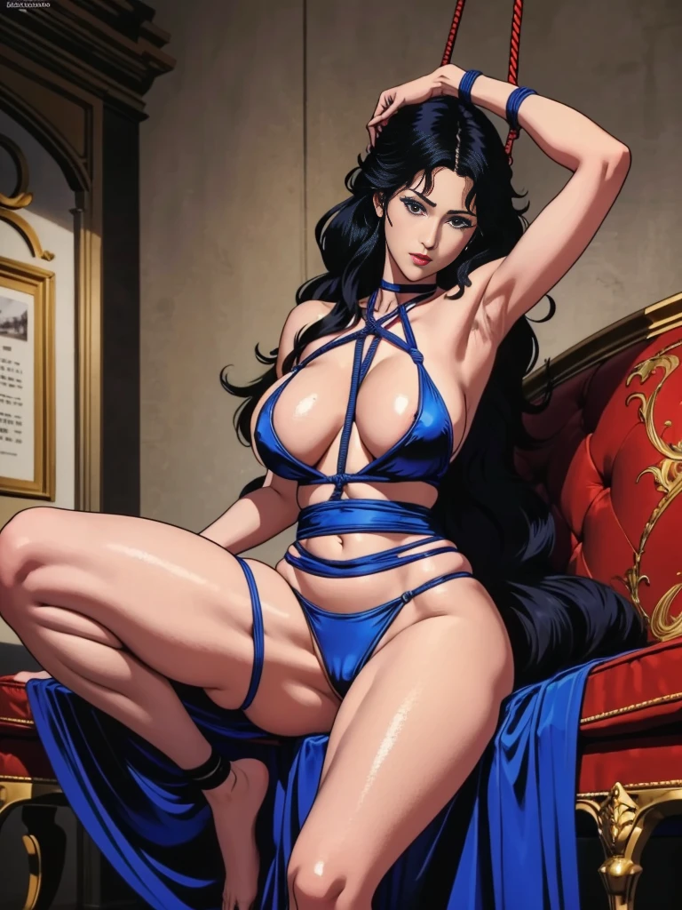 ((masterpiece)), Highest quality, Very detailed, Absurd, 8K, wonderful, Very detailed, The finer details, Browsing Caution, (Very complicated:1.2), (Very delicate), Very detailed, RuiKisugi, 1 Female, Long Hair, Wavy Hair,Voluminous Hair ,Black Hair, eyelash, blue eyes, lipstick, One girl, (whole body:1.2), (Finding_stance:1.3), Very detailed face, Nice fine detail, Perfect Eyes, Fascinating eyes, Beautiful attention to detail, Small Mouth, Fascinating_smile, Mature Woman, Mature Woman, Body with nine heads, thin, compensate, Big Breasts, (museum:1.3), (Urzan-6500-v1.1), Detailed fingers, Perfect hands, Length 180cm,Small face,sweating, Soft thighs,Sexy legs,Sexy ass, Cleavage,Open the chest,Angle from below,(Low angle shot:1.1),((Amazing orgasm)),赤いlipstick, whole body写真撮影,大きなSexy ass, Perfect Body Proportions, Slim waist,Nipples visible,Tight waist,(Long legs:1.2),Wearing high heels,Shiny skin,Sitting on sofa with legs spread,Black Micro Bikini、(Rope Bondage:1.4),((Both wrists tied above the head)),((Show both armpits)),((Spread your legs out to the sides)),((Raise both legs high)),((Spread your legs in a V-shape)),((Show the soles of your feet)),Tied up woman,Tied up with rope, Tightly bound, Hands tied, Her body was tied with ropes,(Fully expose your thighs to the viewer:1.6),Beautiful Hands, Pay attention to her beautiful legs, Cleavage,Open the chest,anime,G-Cup,Tears in the afterlife,Rui Kisugi,Rui Kisugi,
