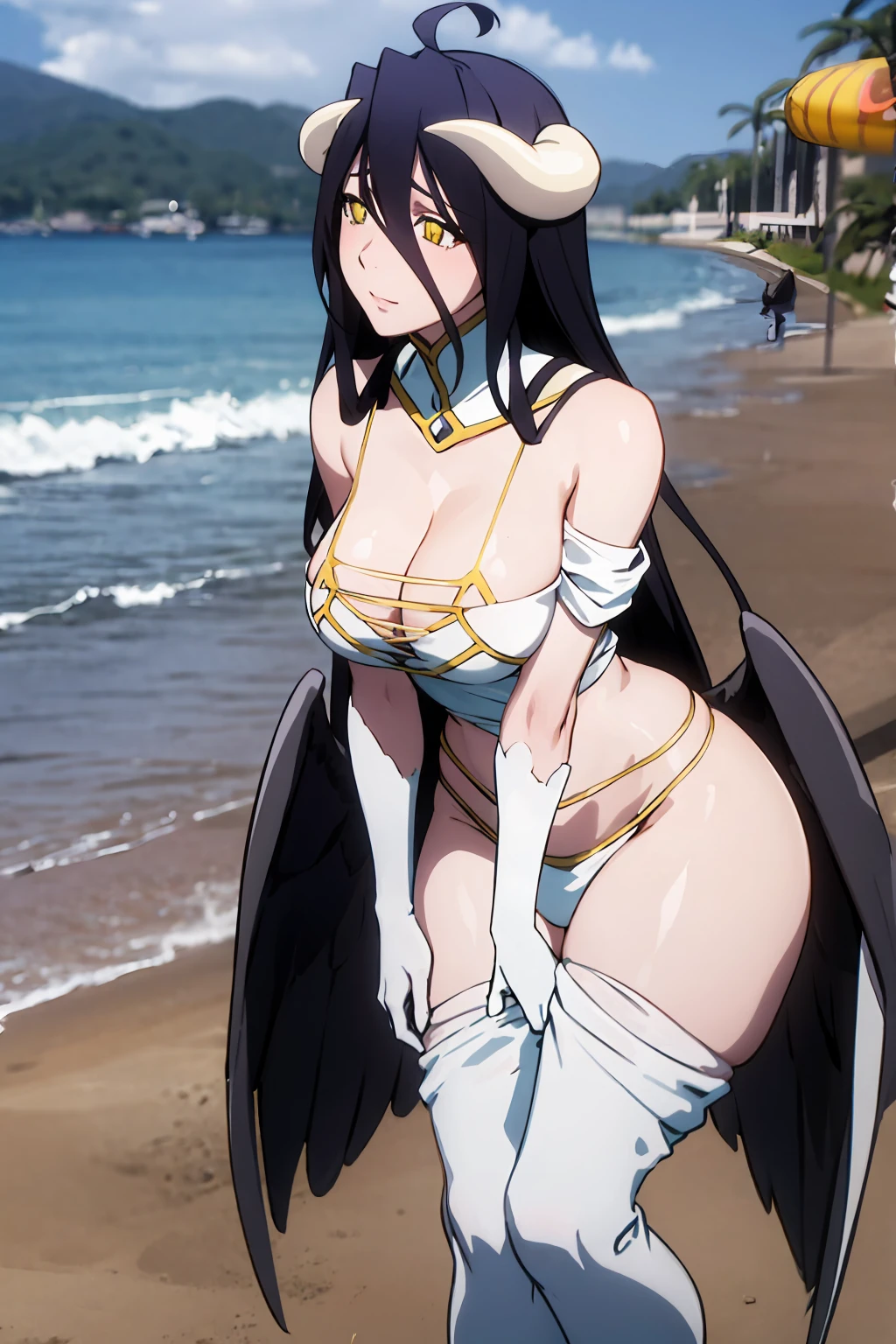 Albedo, overlord,posing, big breasts, sexy, beach, thick thighs, hot, thin bikini, wet, curvy, leaning, naughty, horny, g-string, Horn