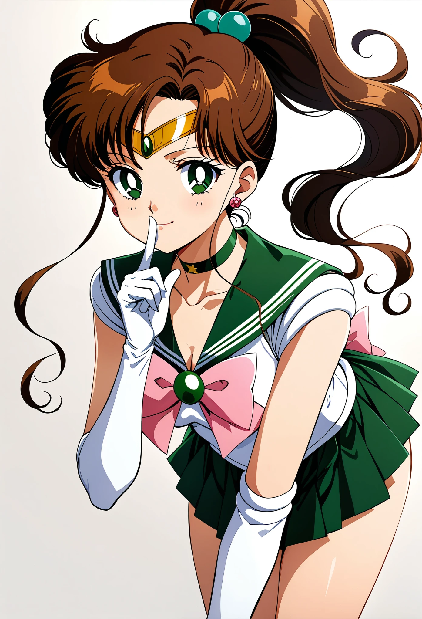 (masterpiece, best quality, very aesthetic, ultra detailed), intricate details, 4k, aajupiter, long hair, brown hair, ponytail, hair bobbles, tiara, earrings, green eyes, green choker, green sailor collar, pink bowtie, white shirt, elbow gloves, white gloves, green skirt, pleated skirt, bare legs, smile, shushing, leaning forward, upper body, finger to mouth, simple background