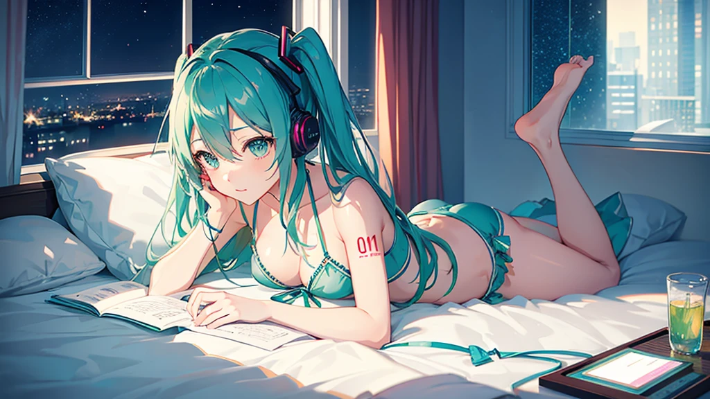 In bed with headphones、Studying on a laptop、Hatsune Miku in a bikini、Beautiful night view outside the window