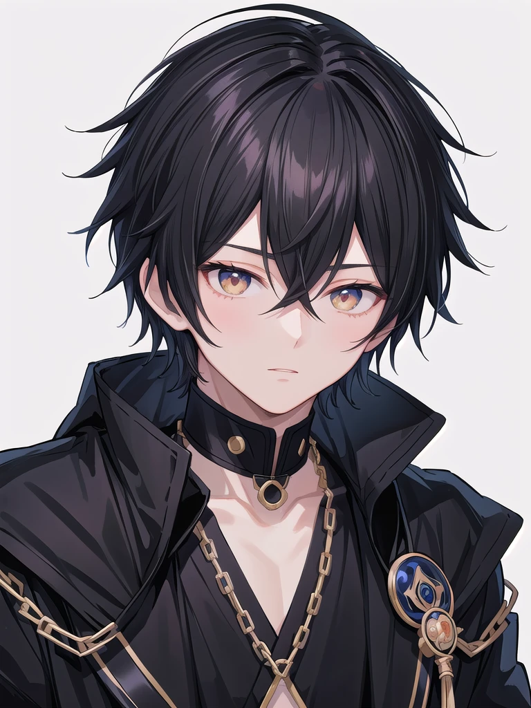 anime boy with black hair and a chain around his neck, anime moe artstyle, male anime style, boy has short black hair, anime style character, young anime man, semi realistic anime, in an anime style, inspired by Okumura Togyu, detailed anime soft face, inspired by Okumura Masanobu, a handsome man，black short hair