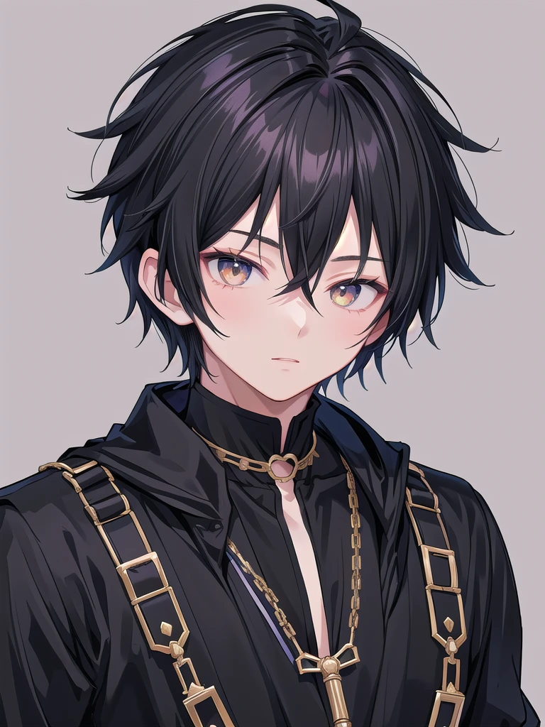 anime boy with black hair and a chain around his neck, anime moe artstyle, male anime style, boy has short black hair, anime style character, young anime man, semi realistic anime, in an anime style, inspired by Okumura Togyu, detailed anime soft face, inspired by Okumura Masanobu, a handsome man，black short hair