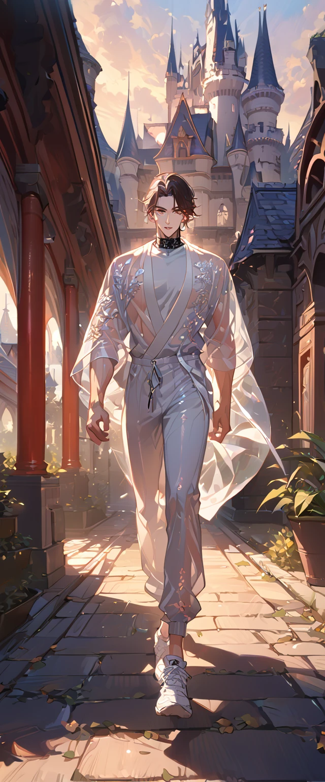 masterpiece, best quality, 8k ,4k ,solo, male, short dark blue reddish hair, black sleeveless turtle neck shirt, transparent robe hanging by the shoulder, transparent embroidery robes, white jogger pants, Walking, Manly pose, muscle arms, Armband, bangs, blue reddish eyes, pale skin, sharp look, Sharp eyes, Morning walk, Castle Hall Background, high quality, extremely detailed, finely detailed eyes and detailed face, slender body, inspired by Asukaziye artist : ask, art style : ask