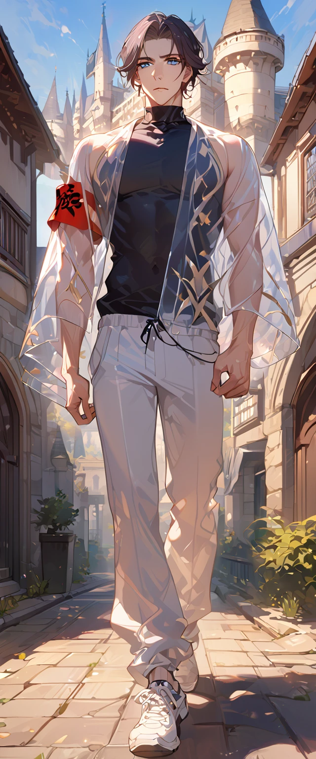 masterpiece, best quality, 8k ,4k ,solo, male, short dark blue reddish hair, black sleeveless turtle neck shirt, transparent robe hanging by the shoulder, transparent embroidery robes, white jogger pants, Walking, Manly pose, muscle arms, Armband, bangs, blue reddish eyes, pale skin, sharp look, Sharp eyes, Morning walk, Castle Hall Background, high quality, extremely detailed, finely detailed eyes and detailed face, slender body, inspired by Asukaziye artist : ask, art style : ask